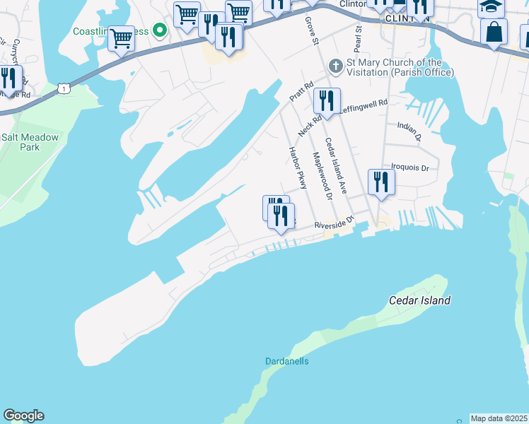map of restaurants, bars, coffee shops, grocery stores, and more near A6 Riverside Drive in Clinton