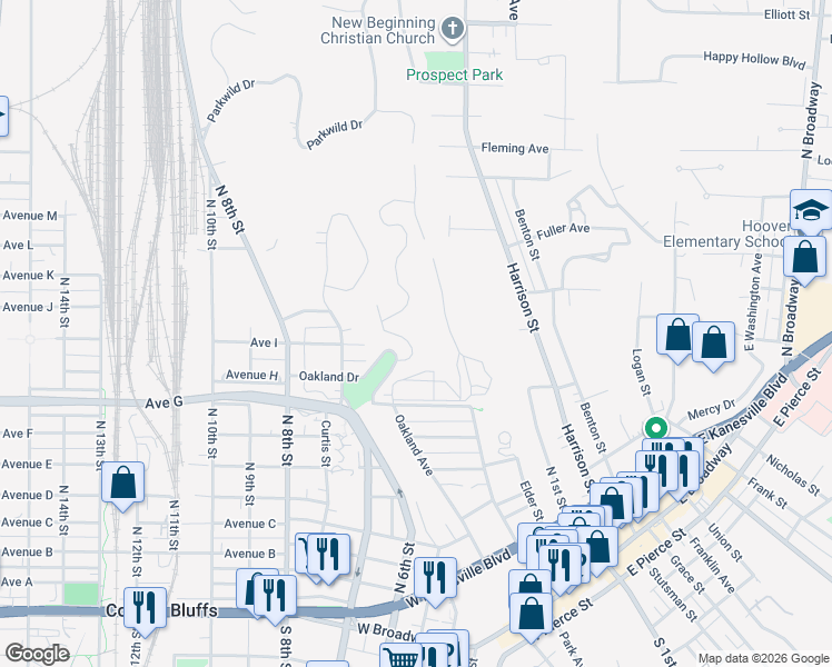 map of restaurants, bars, coffee shops, grocery stores, and more near 840 Oak Park Road in Council Bluffs