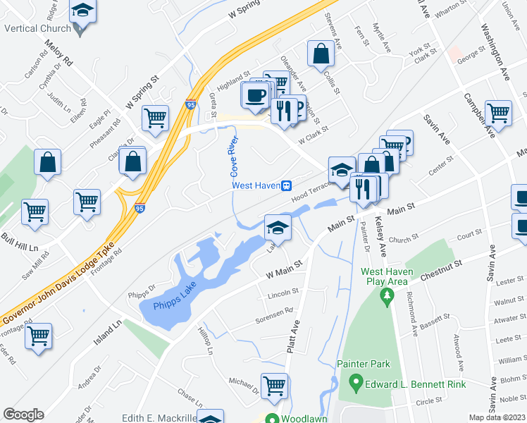 map of restaurants, bars, coffee shops, grocery stores, and more near 115a Hood Terrace in West Haven