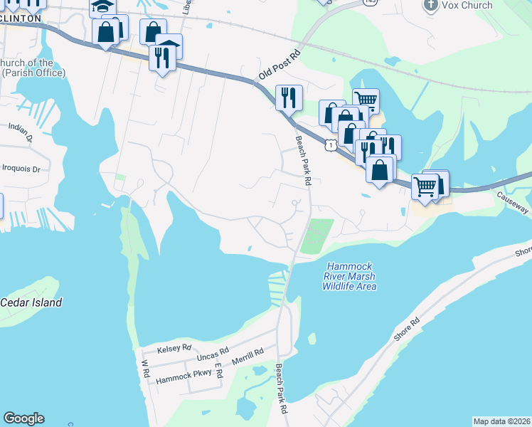 map of restaurants, bars, coffee shops, grocery stores, and more near 12 Osprey Commons in Clinton