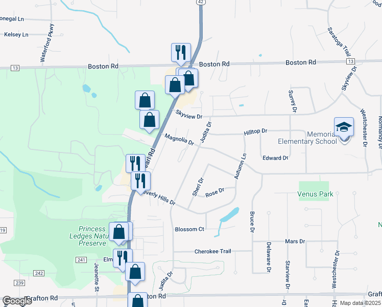 map of restaurants, bars, coffee shops, grocery stores, and more near 212 Judita Drive in Brunswick