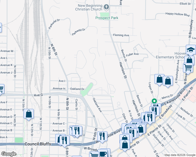 map of restaurants, bars, coffee shops, grocery stores, and more near 840 Oak Park Road in Council Bluffs