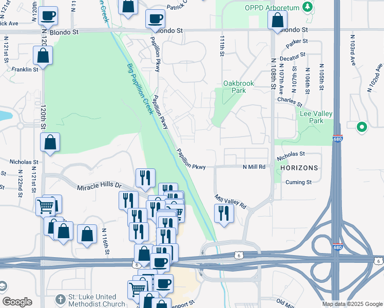 map of restaurants, bars, coffee shops, grocery stores, and more near Papillion Pkwy in Omaha