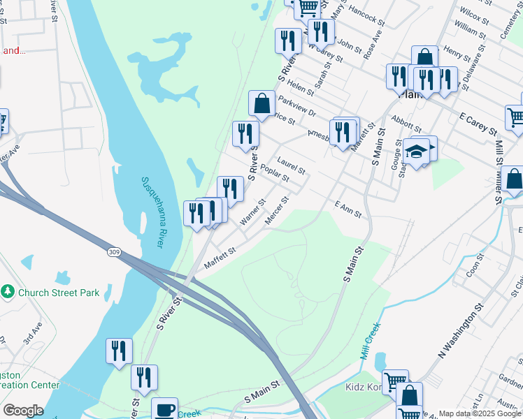 map of restaurants, bars, coffee shops, grocery stores, and more near 48 Warner Street in Wilkes-Barre