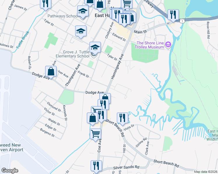 map of restaurants, bars, coffee shops, grocery stores, and more near 93 Hemingway Avenue in East Haven