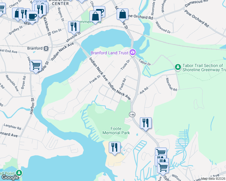 map of restaurants, bars, coffee shops, grocery stores, and more near 51 Indian Neck Avenue in Branford