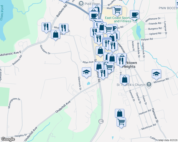 map of restaurants, bars, coffee shops, grocery stores, and more near 1965 Allan Avenue in Yorktown Heights