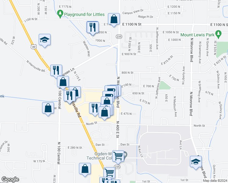 map of restaurants, bars, coffee shops, grocery stores, and more near 639 North Washington Boulevard in Harrisville