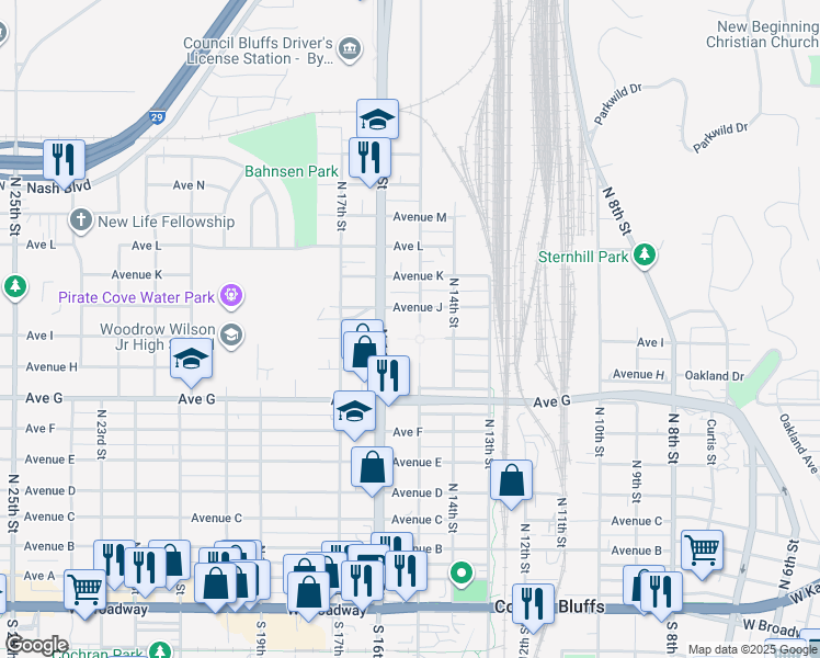 map of restaurants, bars, coffee shops, grocery stores, and more near 1503 Avenue J in Council Bluffs
