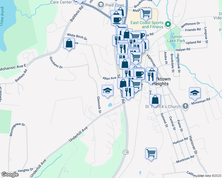 map of restaurants, bars, coffee shops, grocery stores, and more near 1965 Allan Avenue in Yorktown Heights