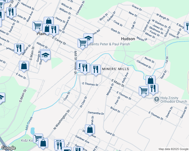 map of restaurants, bars, coffee shops, grocery stores, and more near 77 E Main St in Wilkes-Barre