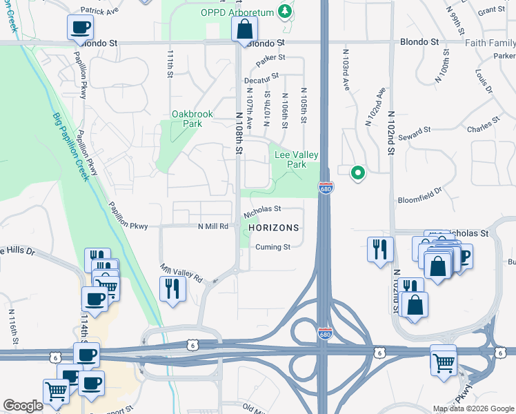map of restaurants, bars, coffee shops, grocery stores, and more near 10624 Izard Street in Omaha