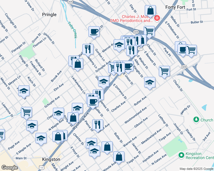 map of restaurants, bars, coffee shops, grocery stores, and more near 7 Hedge Place in Kingston