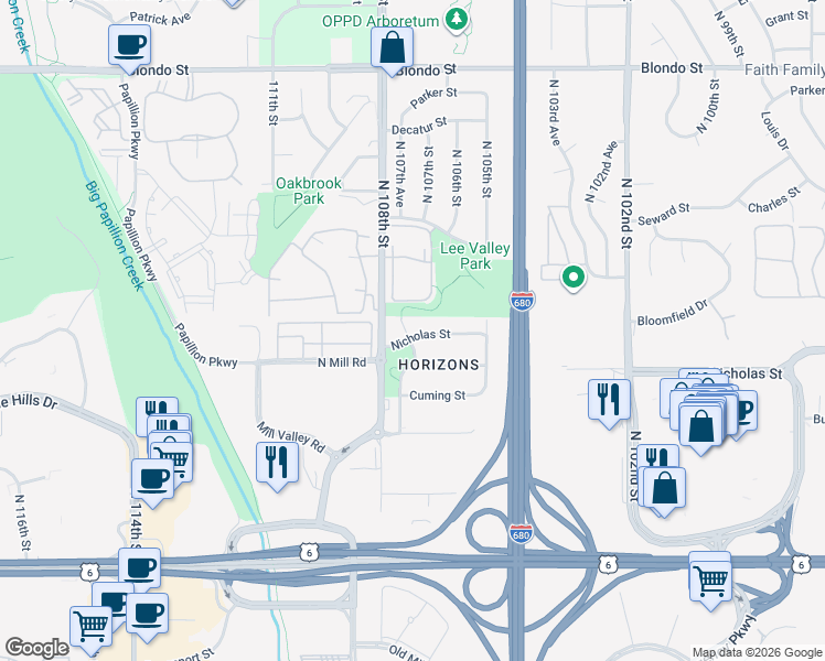 map of restaurants, bars, coffee shops, grocery stores, and more near 10624 Izard Street in Omaha