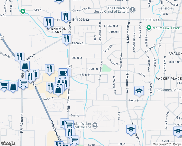map of restaurants, bars, coffee shops, grocery stores, and more near 526 East 650 North in Ogden