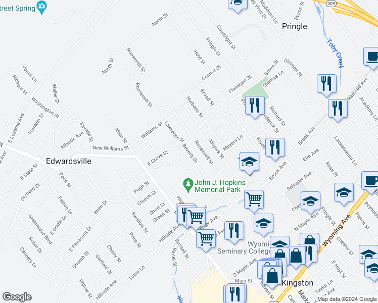 map of restaurants, bars, coffee shops, grocery stores, and more near 1 Beech Street in Edwardsville