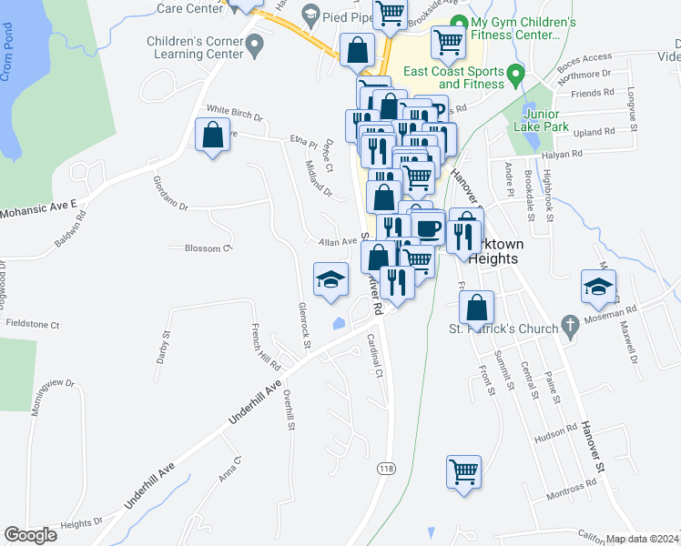 map of restaurants, bars, coffee shops, grocery stores, and more near 1965 Allan Avenue in Yorktown Heights