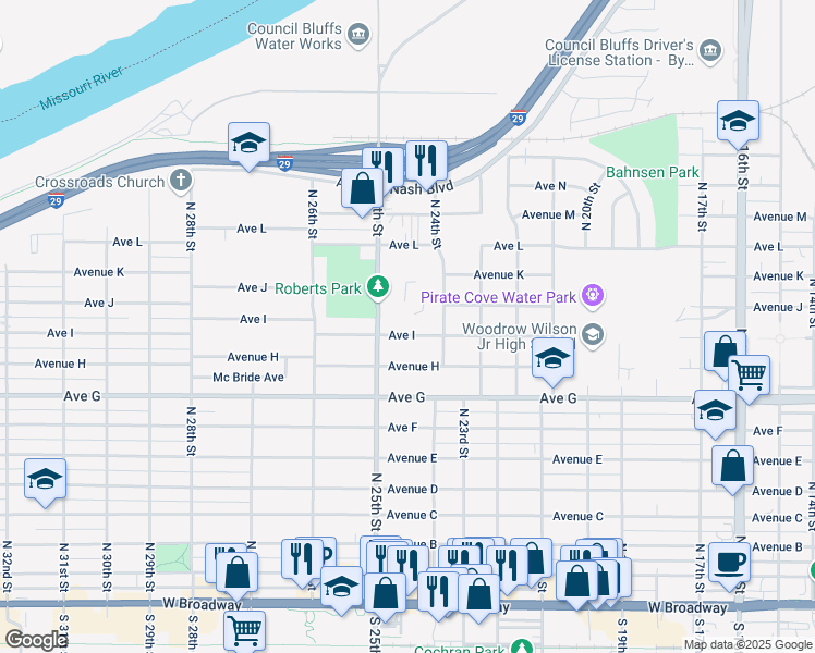 map of restaurants, bars, coffee shops, grocery stores, and more near 2423 Avenue I in Council Bluffs