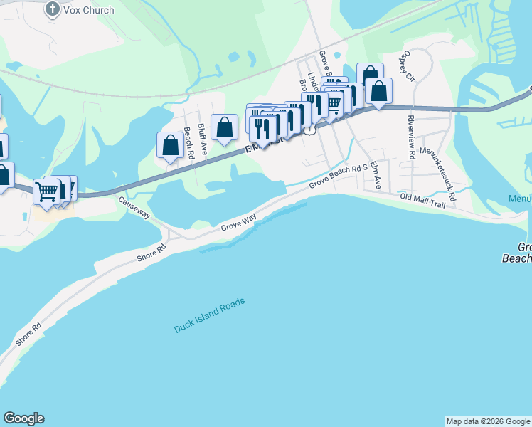 map of restaurants, bars, coffee shops, grocery stores, and more near 79 Grove Way in Westbrook