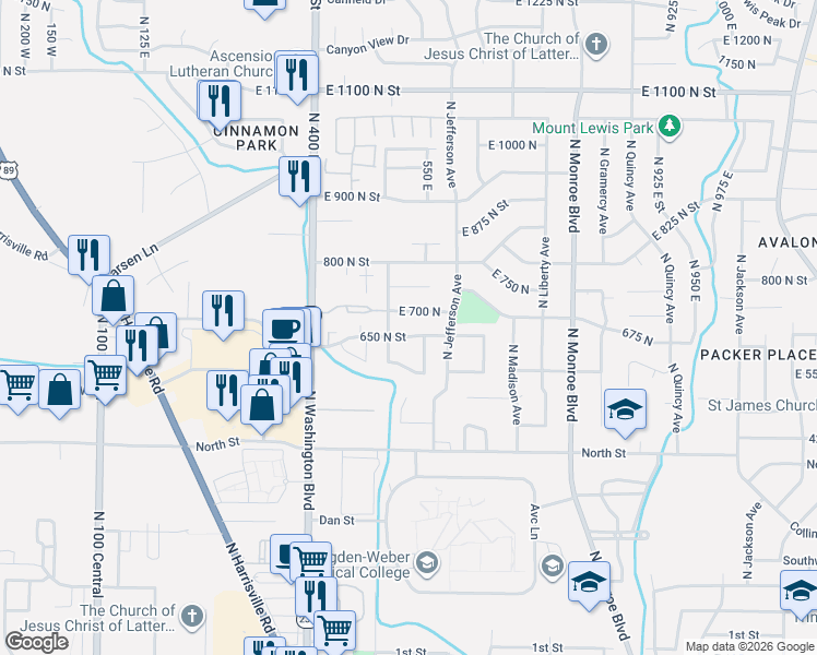 map of restaurants, bars, coffee shops, grocery stores, and more near 630 North Adams Avenue in Ogden