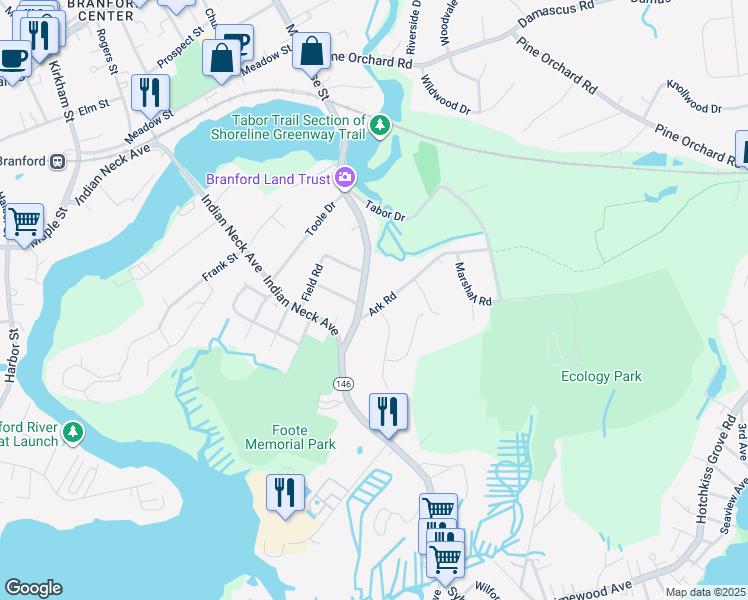 map of restaurants, bars, coffee shops, grocery stores, and more near 3 Ark Road in Branford