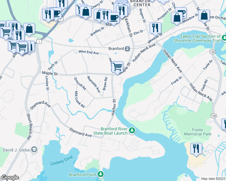 map of restaurants, bars, coffee shops, grocery stores, and more near 231 Harbor Street in Branford