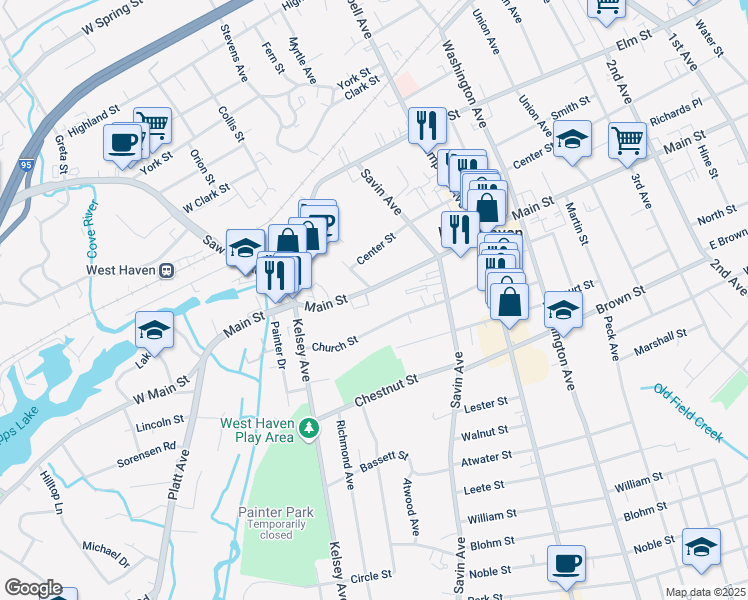 map of restaurants, bars, coffee shops, grocery stores, and more near 133 Church Street in West Haven