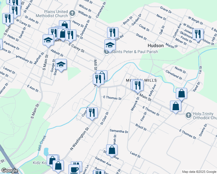 map of restaurants, bars, coffee shops, grocery stores, and more near 1-13 Chandler St in Wilkes-Barre