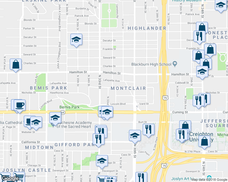 map of restaurants, bars, coffee shops, grocery stores, and more near 1016 North 31st Avenue in Omaha