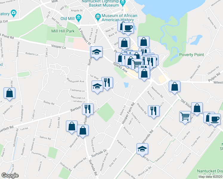 map of restaurants, bars, coffee shops, grocery stores, and more near 99 1st Way in Nantucket