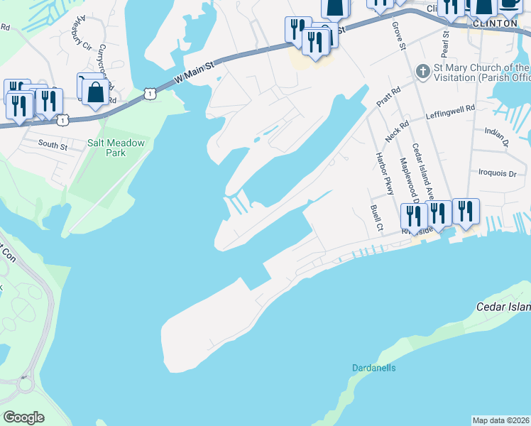 map of restaurants, bars, coffee shops, grocery stores, and more near 95-199 Pratt Road in Clinton
