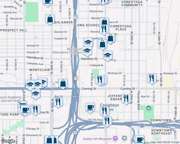 map of restaurants, bars, coffee shops, grocery stores, and more near 2569 Nicholas Court in Omaha
