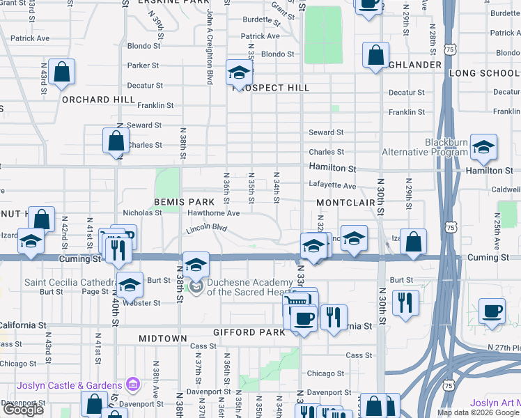 map of restaurants, bars, coffee shops, grocery stores, and more near 3419 Hawthorne Avenue in Omaha