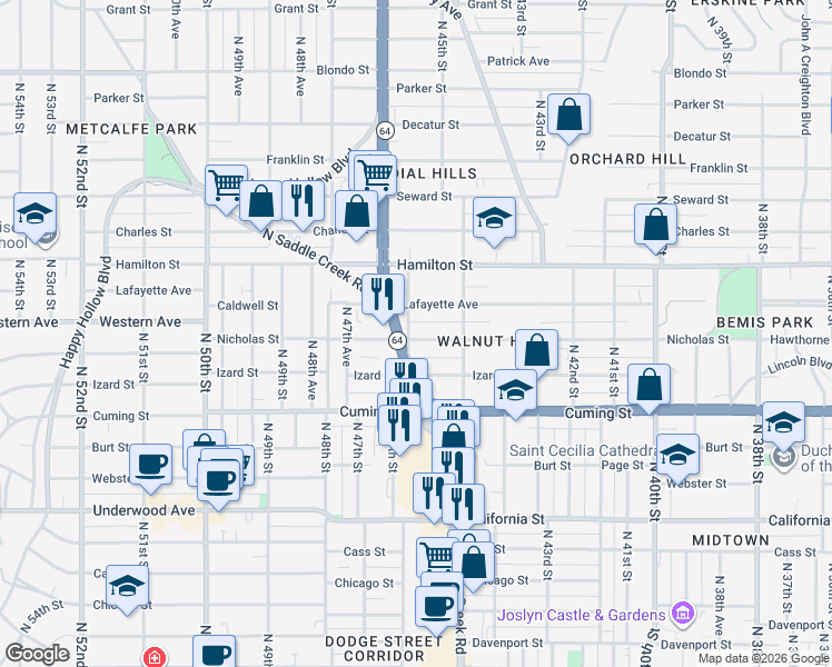 map of restaurants, bars, coffee shops, grocery stores, and more near 1021 North 46th Street in Omaha