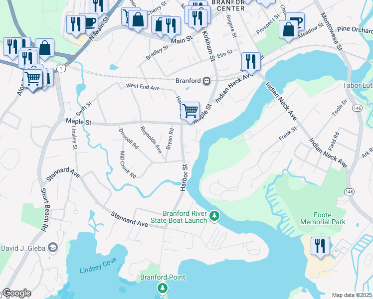 map of restaurants, bars, coffee shops, grocery stores, and more near 255 Harbor Street in Branford