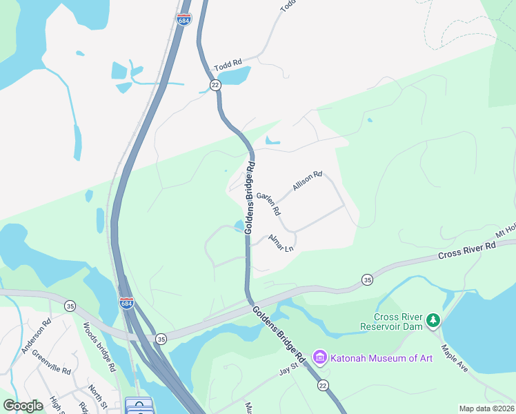 map of restaurants, bars, coffee shops, grocery stores, and more near 105 Goldens Bridge Road in Katonah