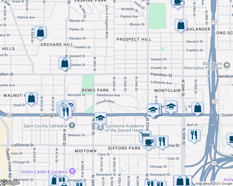 map of restaurants, bars, coffee shops, grocery stores, and more near 3524 Hawthorne Avenue in Omaha