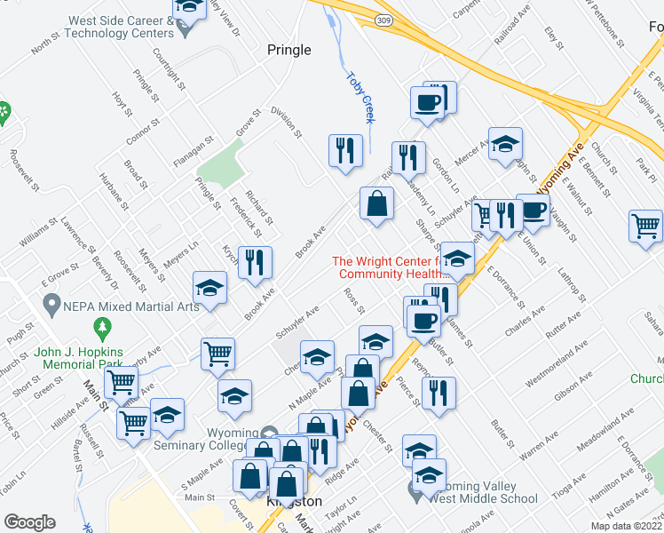 map of restaurants, bars, coffee shops, grocery stores, and more near 437 Elm Avenue in Kingston