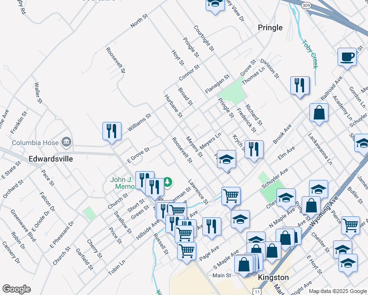 map of restaurants, bars, coffee shops, grocery stores, and more near 192 Meyers Street in Edwardsville