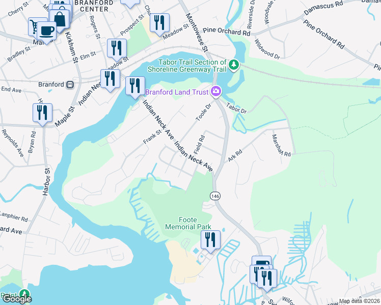 map of restaurants, bars, coffee shops, grocery stores, and more near 6 Field Road in Branford