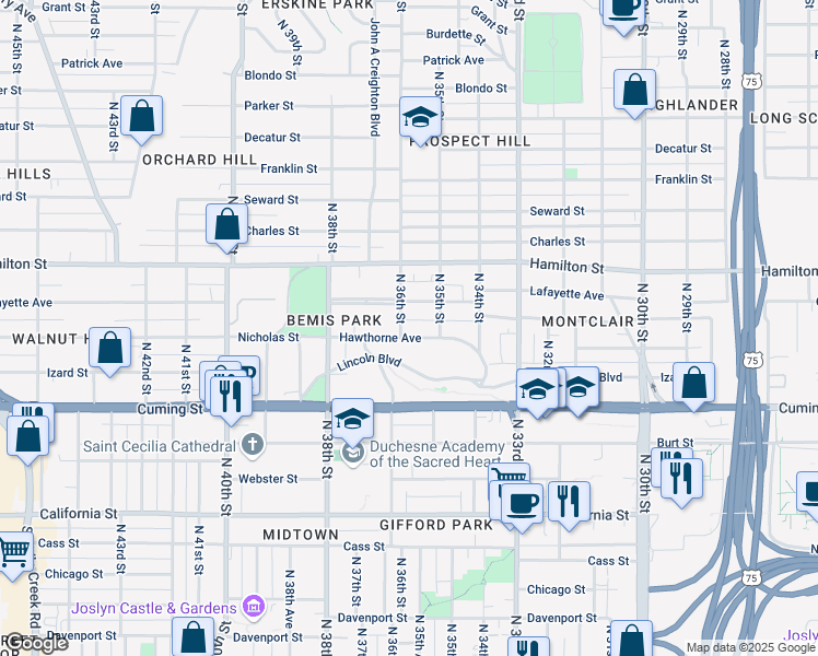 map of restaurants, bars, coffee shops, grocery stores, and more near 3524 Hawthorne Avenue in Omaha