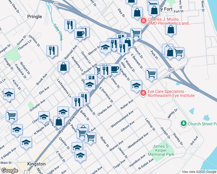 map of restaurants, bars, coffee shops, grocery stores, and more near 35 Gershom Place in Kingston