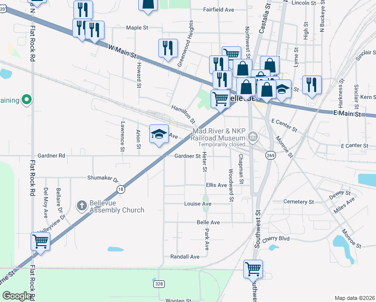 map of restaurants, bars, coffee shops, grocery stores, and more near 101-127 Ashford Avenue in Bellevue