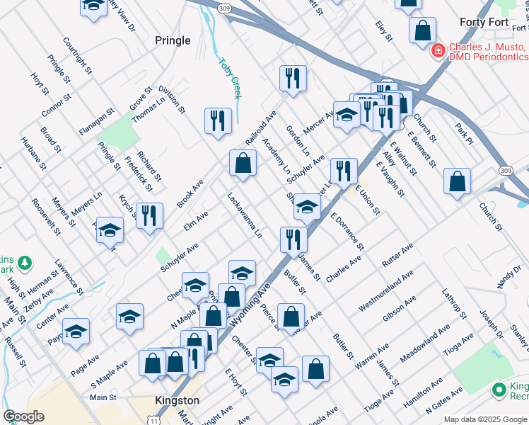 map of restaurants, bars, coffee shops, grocery stores, and more near 79 Poplar Street in Kingston
