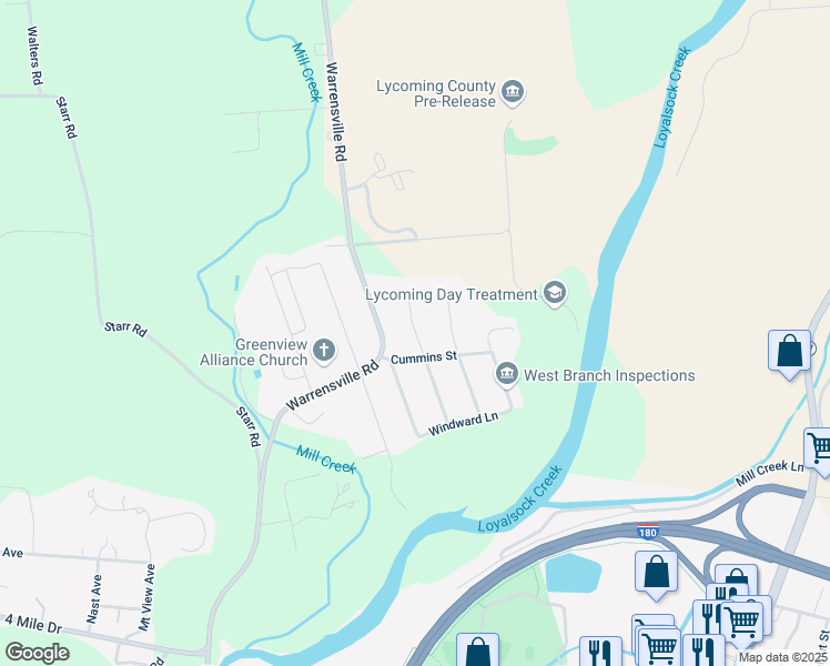 map of restaurants, bars, coffee shops, grocery stores, and more near 2098 Woodland Road in Montoursville