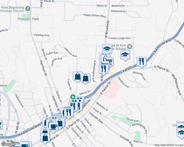 map of restaurants, bars, coffee shops, grocery stores, and more near 1041 East Washington Avenue in Council Bluffs