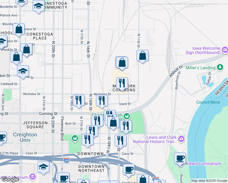 map of restaurants, bars, coffee shops, grocery stores, and more near 1112 North 13th Street in Omaha