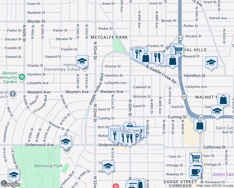 map of restaurants, bars, coffee shops, grocery stores, and more near 1201 North 51st Street in Omaha