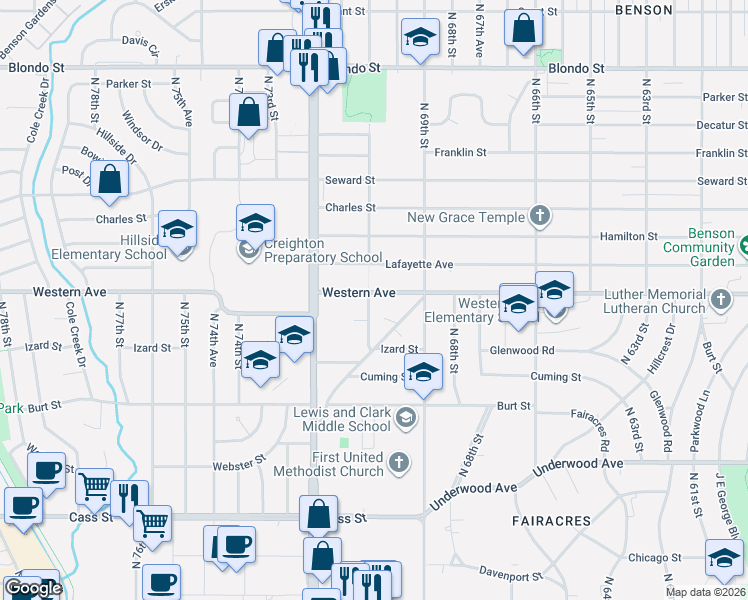 map of restaurants, bars, coffee shops, grocery stores, and more near 6938 Western Avenue in Omaha