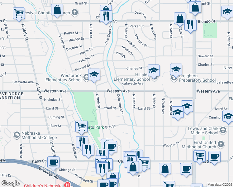 map of restaurants, bars, coffee shops, grocery stores, and more near 1228 Maenner Drive in Omaha